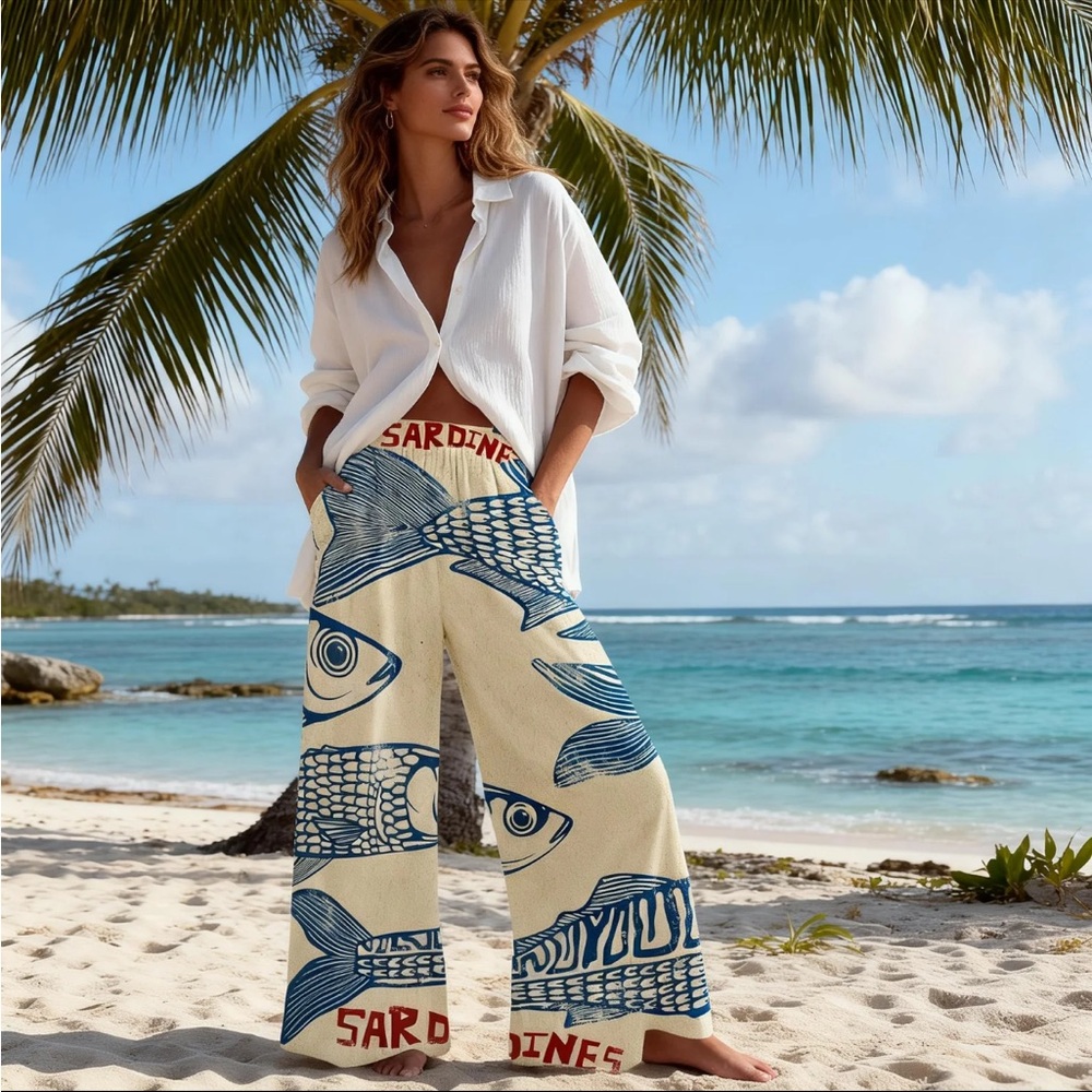 Wide Leg Cream Pants with Blue Fish Print